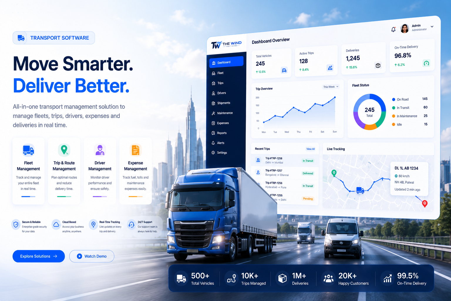 Transport management dashboard with fleet tracking, trips, drivers and live dispatch
